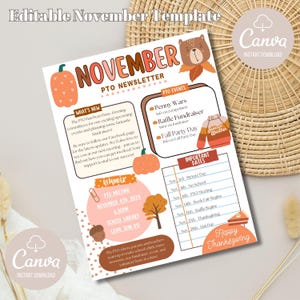 Lindo boletín de noviembre, noticias de la PTO, PTA, aula de maestros, boletín de otoño, información de Acción de Gracias, plantilla de Canva, editable, colorido