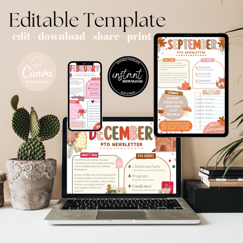 Puede incluir: Plantillas editables para un bolet&iacute;n mensual de PTO. Las plantillas presentan una variedad de dise&ntilde;os con diferentes colores y temas, incluyendo una plantilla de diciembre con una casa de jengibre, una plantilla de febrero con un dise&ntilde;o rosa y blanco y una plantilla de septiembre con un tema oto&ntilde;al. Las plantillas est&aacute;n dise&ntilde;adas para ser utilizadas con Canva.