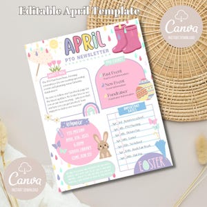 Boletín de abril, Noticias de la PTO, PTA, Aula de maestros, Boletín del día de Pascua, Información, Plantilla de Canva, Imprimible, Aula