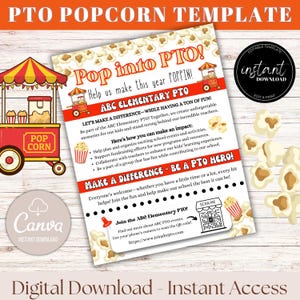 May include: A digital template for a PTO popcorn fundraiser, featuring a popcorn cart illustration and popcorn kernels. The design includes the text "Pop into PTO!" and "ABC Elementary PTO." The template is available for instant download and edit.