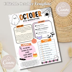10 月のニュースレター、PTO ニュース、教室ニュースレター、Canva テンプレート、秋のテンプレート、かわいい秋のニュース、編集可能なニュースレター、PTA ニュースレター