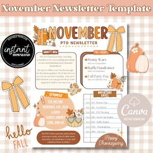 May include: A fall-themed newsletter template with a pumpkin and bow graphic. The template includes event details, important dates, and the text "November PTO Newsletter". It is an instant download and editable.