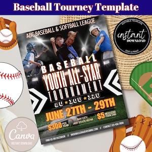May include: A black and yellow baseball tournament flyer with the text "Baseball Youth All-Star Tournament" and "June 27th - 29th". The flyer also includes the text "£240 per team", "Any City, Any State 45744", and "£4 Weekend Parking".
