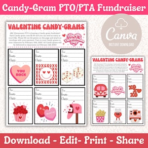Recaudación de fondos con Candy Grams, Candy Grams retro editables para San Valentín, Candy Grams imprimibles para PTO, recaudación de fondos escolares de PTA, folleto, febrero, Canva
