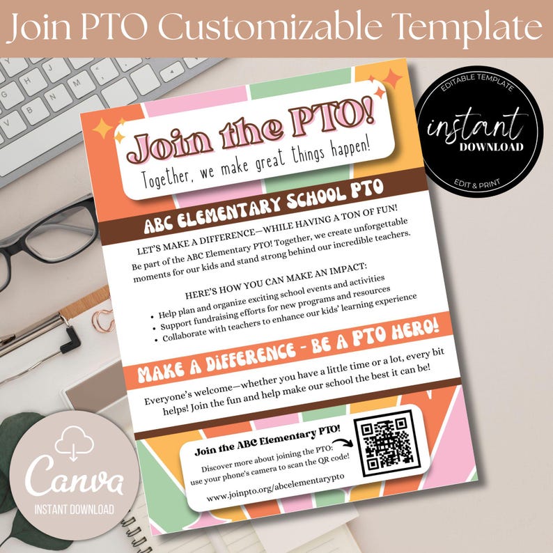 Retro PTO Flyer Template: Editable School Parent Invite (canva Download ...