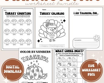 May include: Five black and white printable Thanksgiving worksheets for kids. The worksheets include a turkey counting activity, a turkey coloring page, a "What Comes Next?" pattern activity, a "Color by Numbers" page with a pumpkin, and an "I am Thankful For..." writing prompt.