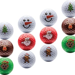 May include: Twelve white golf balls with various Christmas-themed designs. The designs include Santa Claus, a snowman, a gingerbread man, a reindeer, a Christmas tree, and an elf.