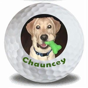 May include: Three white golf balls with personalized designs. The first ball has a red heart design with the names "Jack" and "Diane" and the date "4/4/20". The second ball has a picture of a yellow Labrador Retriever with the name "Chauncey". The third ball has a picture of a family of five standing in front of a Christmas tree.
