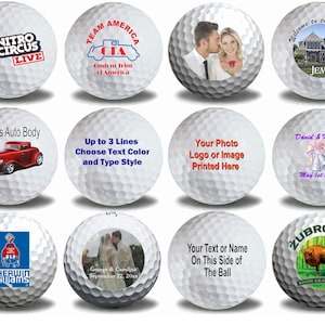 May include: Twelve white golf balls with various designs printed on them. The designs include a logo for Nitro Circus Live, a logo for Team America Custom Trim, a photo of a couple, a house with the text "Welcome to the House of Jemm", a red car, text that says "Up to 3 Lines Choose Text Color and Type Style", text that says "Your Photo Logo or Image Printed Here", text that says "David & Hannah May 1st 2017", a logo for Sherwin Williams, a photo of a couple, text that says "Your Text or Name On This Side of The Ball", and a logo for Zubrowka Bison Grass Vodka.