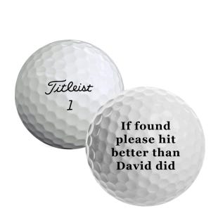 May include: Two white golf balls. One ball has the text "Titleist 1" printed on it. The other ball has the text "If found please hit better than David did" printed on it.