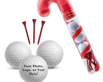 3 Personalisierte Golfbälle und 10 Rote Golf-Tees in Candy Cane Verpackung