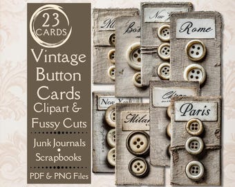 Vintage Button Cards Junk Journal Ephemera. Carta digitale di antichi bottoni in juta, tagli elaborati per diari spazzatura. Ephemera dei primi del '900.