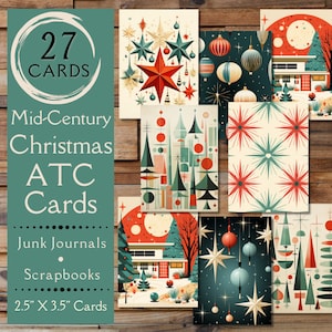 1950s Retro Christmas ATC Cards Junk Journal Paper. Carta digitale di biglietti di diario natalizi di metà secolo. Per gli amanti del retro christmas.