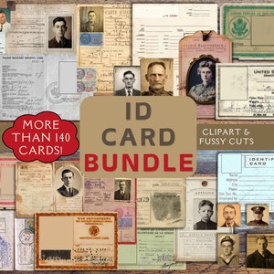 Pacote de itens de colecionador de cartões de identificação Junk Journal. Papel digital de recortes e clipart de cartões de identificação. Inclui passaportes, cartões de identificação militares e distintivos.