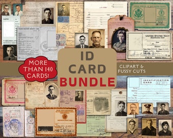 Peut inclure: Un collage de cartes d'identité de style vintage, y compris une carte d'identité militaire, un passeport et un permis de conduire. Les cartes sont de différentes couleurs et présentent différents motifs. Le texte "Plus de 140 cartes !" est écrit dans un nuage blanc sur fond rouge. Le texte "Lot de cartes d'identité" est écrit dans un rectangle brun. Le texte "Clipart & Découpes précises" est écrit dans un rectangle blanc sur fond brun.