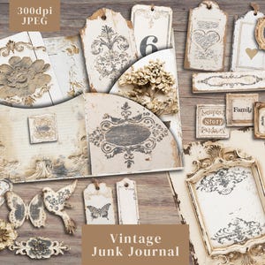 Kit de diario basura vintage. Papel digital de diarios basura de estilo rústico y desgastado con etiquetas, bolsillos y más. JPEG de 300 ppp.