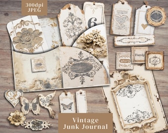 Vintage Junk Journal Kit. Digital paper of shabby country cottagecore junk journal folios with tags, labels, pocket & more. 300dpi JPEG