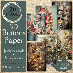 Primitieve knopen Junk Journal Paper. Digitaal papier met mixed media buttons voor junktijdschriften. Voor vintage 3D-collagemakers.