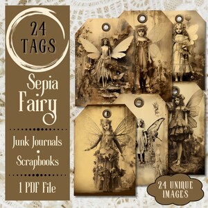 Etichette vintage Fairy Junk Journal. Carta digitale di etichette fantasiose color seppia a forma di fatina per diari spazzatura. Etichette stampabili per album di ritagli