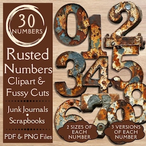 Vintage Grunge verrostete Zahlen Junk Journal Labels. Digitales Papier mit urigen rustikalen Zahlenschnitten für scrapbooks. Metalletiketten Clipart