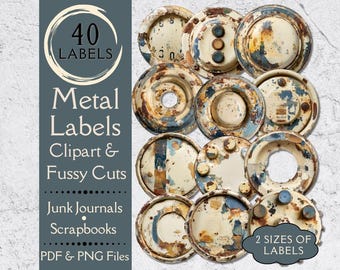 Etiquetas grunge con cortes recargados para revistas basura. Papel digital de imágenes prediseñadas redondas de metal vintage para álbumes de recortes. Etiquetas redondas con pintura descascarada.