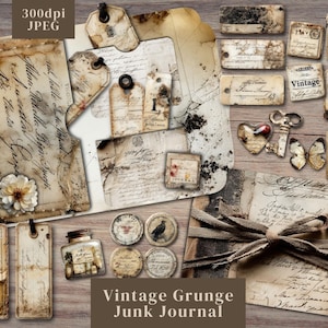 Neutral Vintage Grunge Junk Journal Kit. Distressed script handwriting junk journal folios with tags labels pocket & more. 300dpi JPEG files