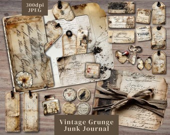 Neutral Vintage Grunge Junk Journal Kit. Distressed script handwriting junk journal folios with tags labels pocket & more. 300dpi JPEG files