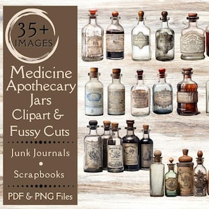 May include: A collection of 35+ vintage apothecary jars with labels and stoppers. The jars are clear glass with a variety of colors and designs. The jars are arranged in rows on a wooden background. Medicine Apothecary Jars Clipart & Fussy Cuts Junk Journals Scrapbooks PDF & PNG Files