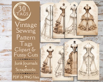 May include: Thirty vintage sewing pattern tags with images of women's dresses in various styles. The tags are in a brown and white color scheme and are perfect for scrapbooking, junk journaling, and other crafting projects. PDF & PNG files.
