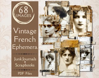 Vintage Ephemera of French Collage for Junk Journals. Digital paper of vintage ephemera collage of women portraits. PDF fussy cuts.