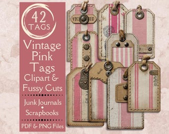 Vintage Pink Junk Journal tags. Digital paper of romantic grunge tags for scrapbooks. Fussy cut tags for retro crafters. Shabby tags.