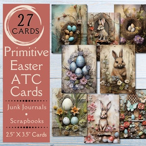 Primitive ATC Osterkarte Junk Journal Papier. Digitales Papier aus rustikalen Osterhasenkarten. Für ATC Sammler & Country Crafter.