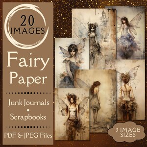 Papier journal vintage Fairy Junk. Papier numérique représentant des fées en détresse et à l'aquarelle pour des albums de coupures. Pour les créatrices fantaisistes de fées bohèmes.