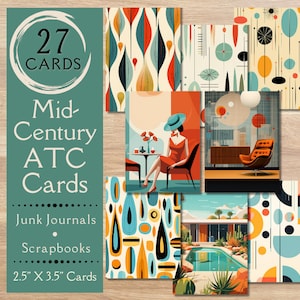 Cartões ATC modernos de meados do século Junk Journal Paper. Papel digital de cartões de diário retrô dos anos 1950. Para artesãos modernos de meados do século.