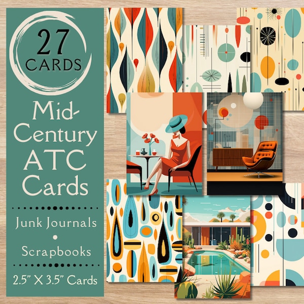 Mid-Century Modern ATC Cards Junk Journal Paper. Digital paper of 1950s retro journal cards. For mid-century modern crafters.
