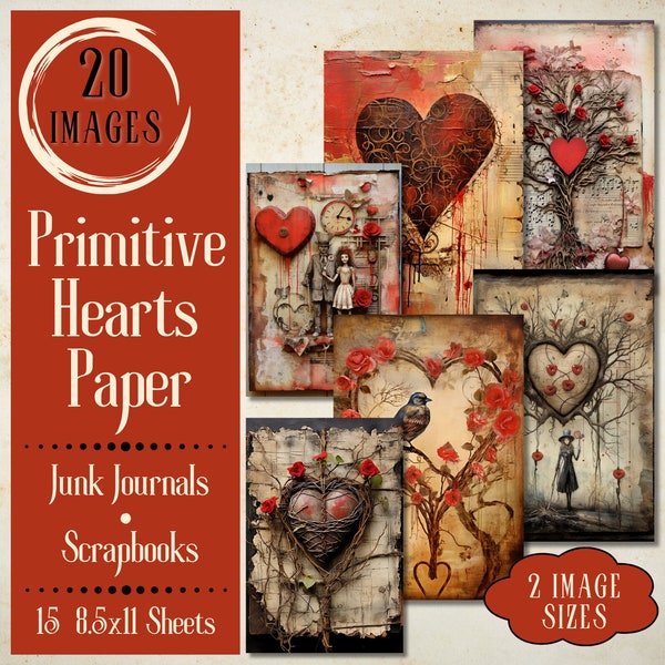 Primitive Hearts Junk Journal Paper. Digital paper of primitive Valentine cards for junk journals and scrapbooks. For rustic crafters.