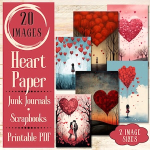 Whimsical Hearts Junk Journal Paper. Papel digital de corações de namorados charmosos e malucos de vários formatos para scrapbooks. Para artesãos do amor