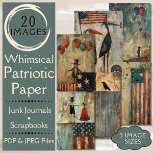 Whimsical 4th of July Junk Journal Paper. Papel digital do Dia da Independência, bandeira americana e fogos de artifício. Papel patriótico com bandeira dos EUA.