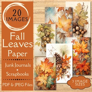 Feuilles d'automne, papier journal indésirable. Papier numérique de feuilles d'oranger, de glands et de pommes de pin pour les carnets de bord et les albums de coupures. Pour les artisans de la nature.