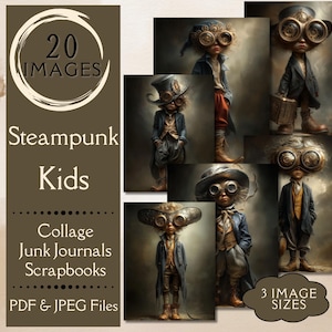 Steampunk Kids Junk Journal Paper. Digital paper of whimsical surreal steampunk children for collage art. For industrial scrapbook crafters.