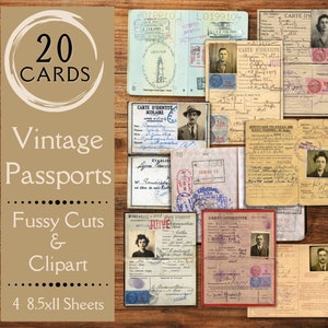 Passaportes antigos Junk Journal Ephemera. Papel digital de passaportes antigos com cortes delicados para diários. Clipart de cartão de identificação ephemera para scrapbooks.