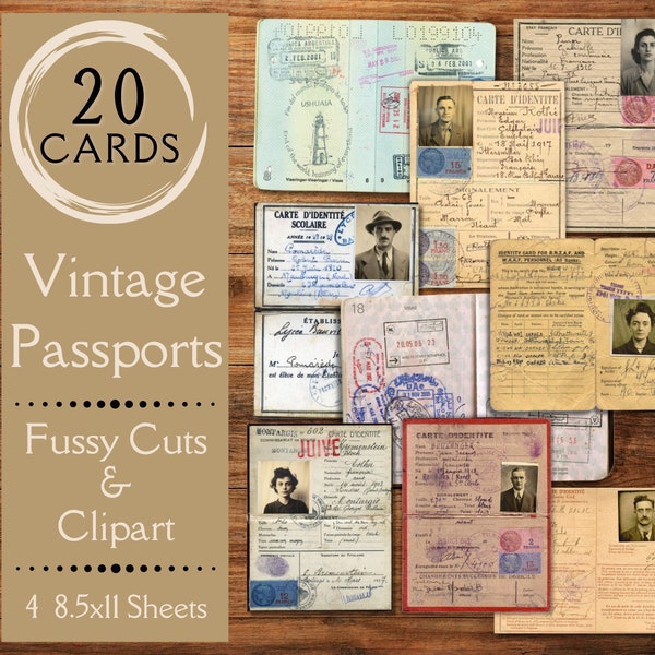 Vintage Passports Junk Journal Ephemera. Digital paper of antique passport fussy cuts for journals. Ephemera ID card clipart for scrapbooks.