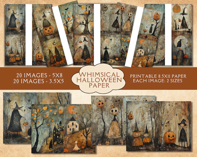 Whimsical Halloween Junk Journal Paper. Digital paper of pumpkins, witch, and zombies. Quirky Halloween scenes. Printable fall paper.
