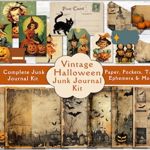 Kit de journal vintage des années 1950 pour Halloween. Papier numérique rétro, vintage des années 1950, objets éphémères d'Halloween, pochettes, étiquettes, onglets et plus encore pour les journaux
