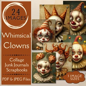 Whimsical Clown Junk Journal Paper. Digital paper of quirky circus clown portrait for collage art. For artsy zany scrapbook crafters