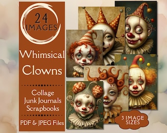 May include: A collection of digital art featuring whimsical clown portraits. The images have a vintage, antique aesthetic with detailed faces, ruffs, and colorful hair. Text includes "24 Images", "Whimsical Clowns", "Collage Junk Journals Scrapbooks", and "3 Image Sizes".