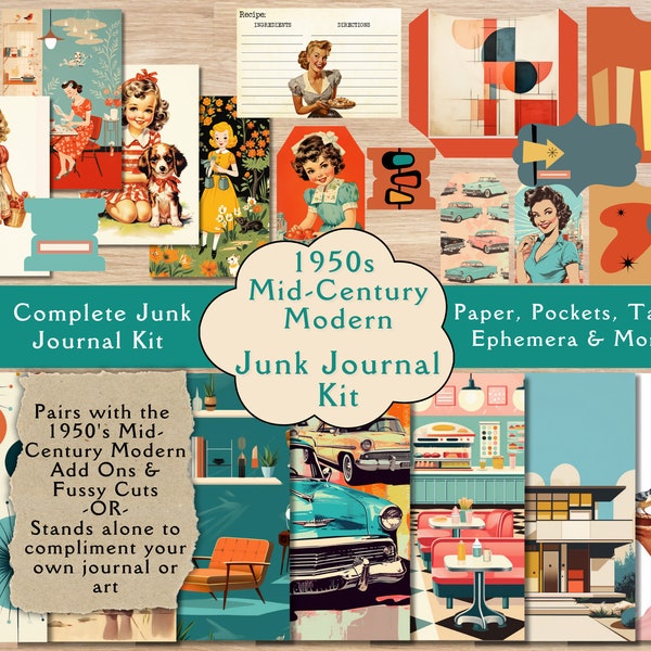 1950s Mid-Century Junk Journal Kit. 1950s mid-century digital paper, pockets, tags, and ephemera for junk journals. Vintage junk journal kit