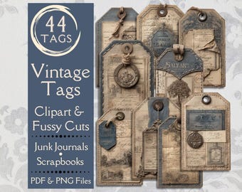 Vintage Junk Journal tags. Digital paper of blue French grunge tags for scrapbooks. Fussy cut tags for vintage grunge crafters. Antique tags