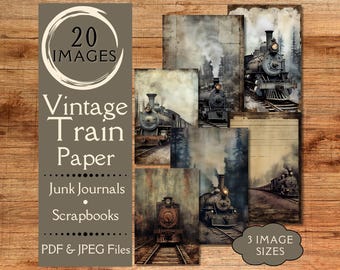 Vintage Grunge Train Junk Journal Paper. Digital paper of old steam engine train and steampunk railway. For crafters of trains and cyberpunk