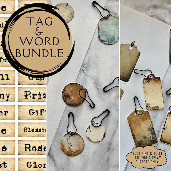 Grunge Junk journal tags & words bundle. Steampunk, primitive tags paired with happy words. For vintage industrial crafters.